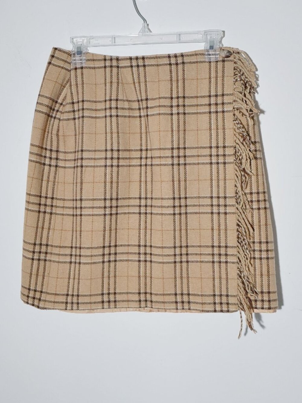 Sag Harbor Petite Size 12 Plaid Fringed Preppy Y2K Wool Blend Skirt Tan Brown